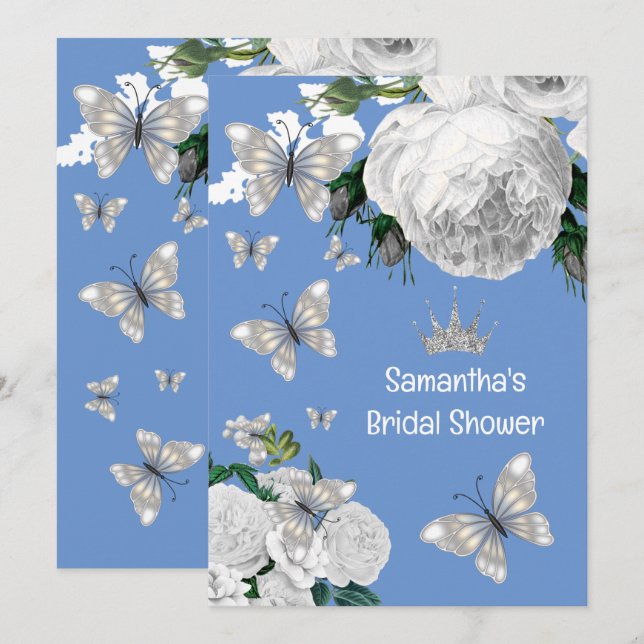 Invitation Douche rose élégante bleu argenté et blanche (Devant / Derrière)