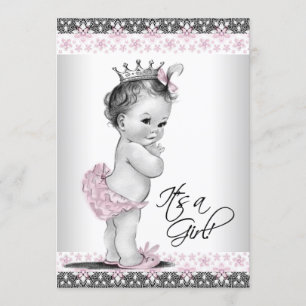 Invitation Douche rose et grise vintage de bébé