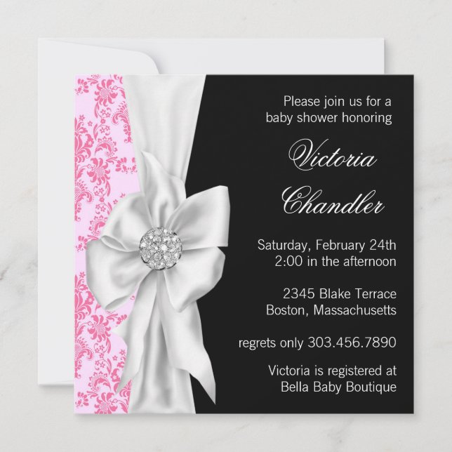 Invitation Douche rose et noire élégante de bébé de damassé (Devant)