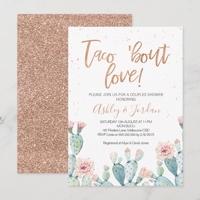 Invitation Douche Rose Gold Taco ''sur Love Couples (Devant / Derrière)