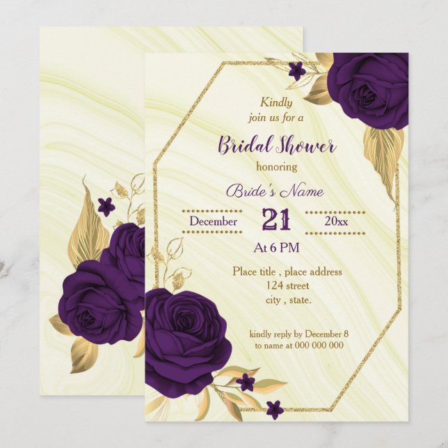 Invitation douche royale violette dorée (Devant / Derrière)