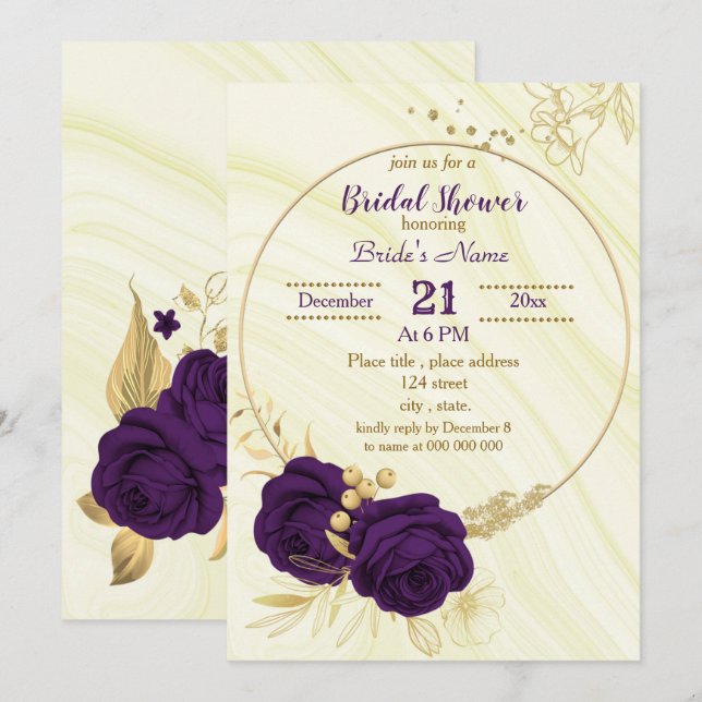 Invitation douche royale violette dorée (Devant / Derrière)