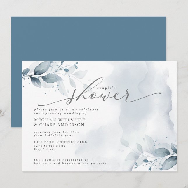 Invitation Douche Rustique Couple's Dusty Blue Foliage (Devant / Derrière)