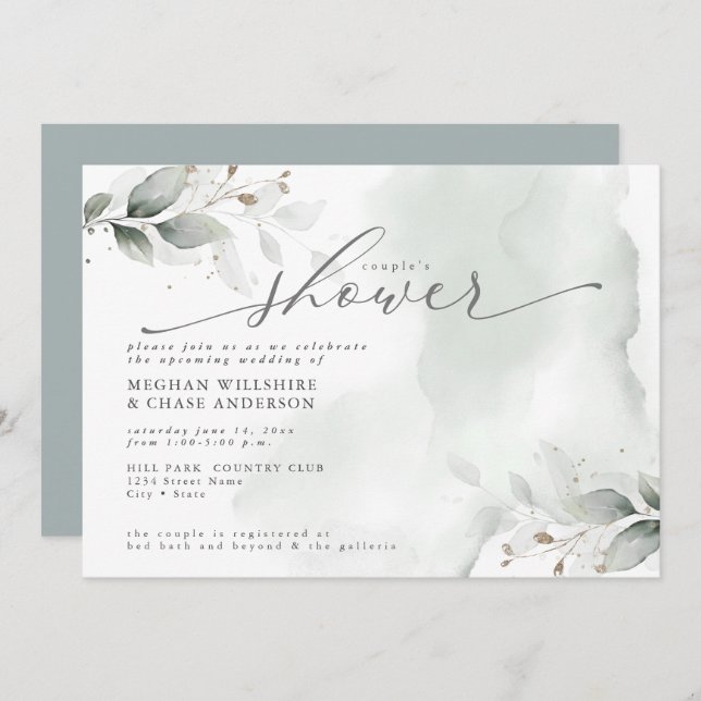 Invitation Douche Rustique Couple's Dusty Green Foliage (Devant / Derrière)