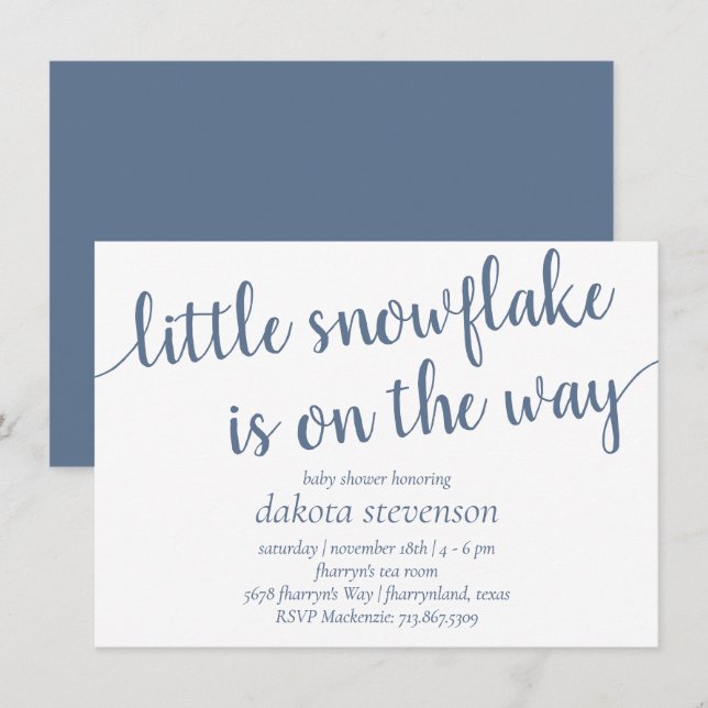 Invitation Douche simple en ardoise | Dusty Blue Little Snowf (Devant / Derrière)