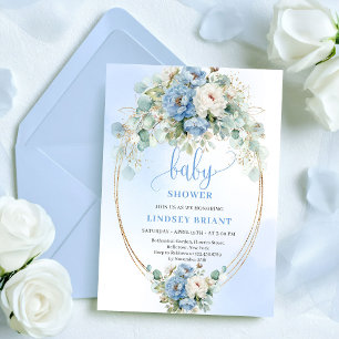 Invitation Douche Soft Boho Bleu Clair Floral Eucalyptus Or