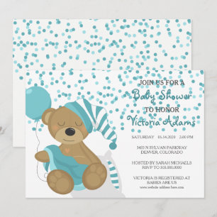 Invitation Douche turquoise d'ours de bébé de confettis