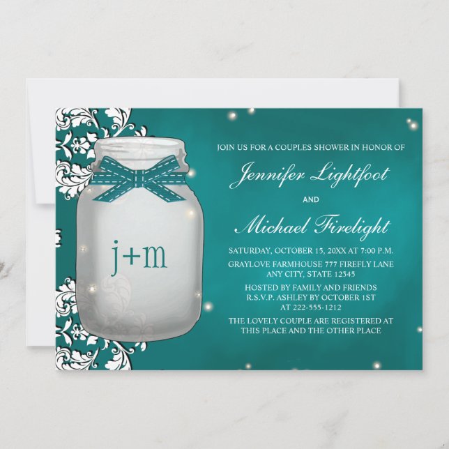 Invitation Douche Turquoise en luciole monogramme Mason Jar C (Devant)