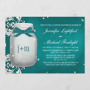 Invitation Douche Turquoise en luciole monogramme Mason Jar C