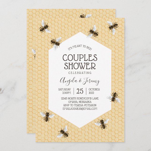 Invitation Douche vintage Couples d'abeilles (Devant / Derrière)