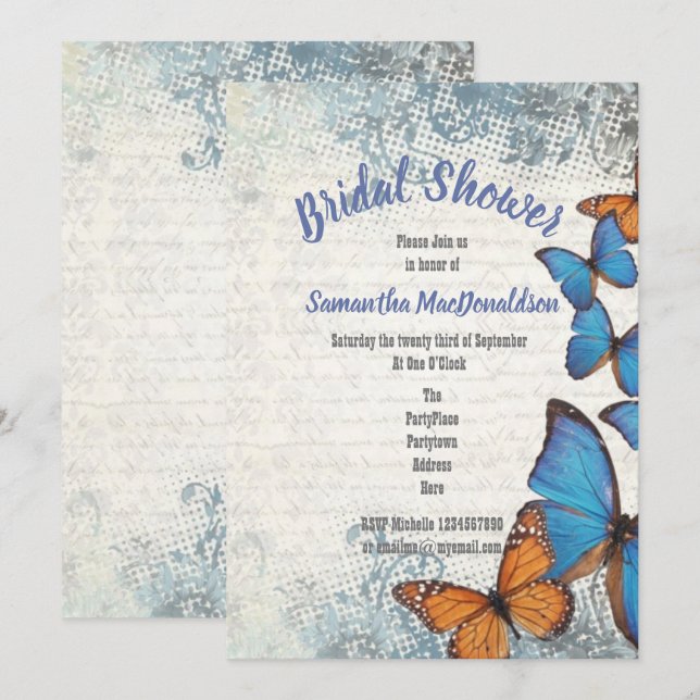 Invitation Douche vintage de papillons bleus (Devant / Derrière)