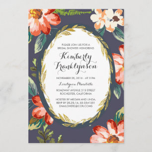 Invitation douche vintage marine et dorée à fleurs