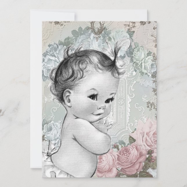 Invitation Douche vintage pour bébé rose et gris (Devant)