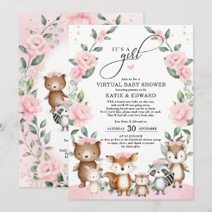 Invitation Douche virtuelle à fleurs roses blanches de forêt