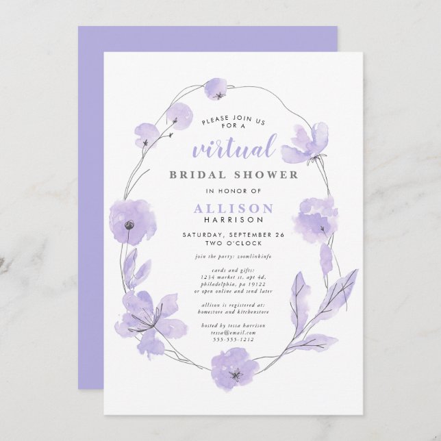 Invitation Douche virtuelle nuptiale | Aquarelle florale de l (Devant / Derrière)