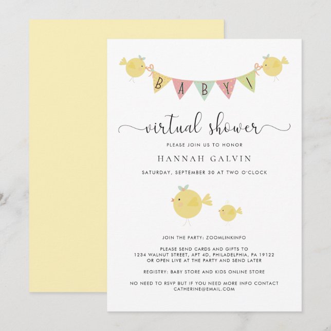 Invitation Douche virtuelle pour bébé | Mama Bird & Baby Chic (Devant / Derrière)