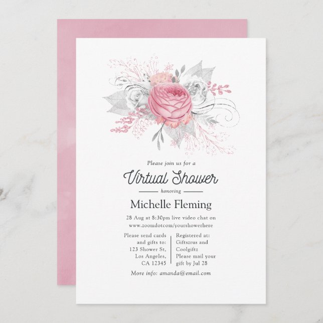 Invitation Douche virtuelle rose, argent et blanc Floral (Devant / Derrière)