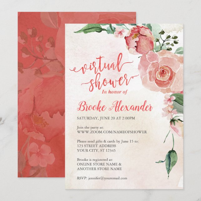 Invitation Douche virtuelle rose et florale (Devant / Derrière)