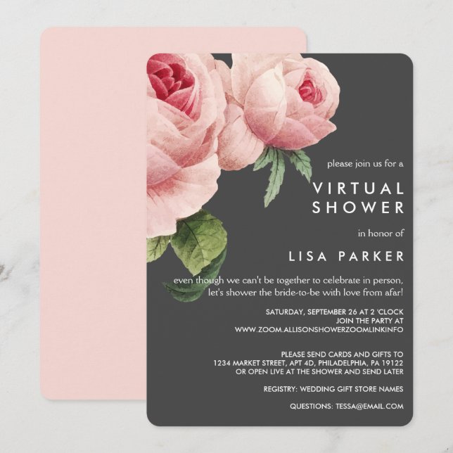Invitation Douche virtuelle rose vintage (Devant / Derrière)
