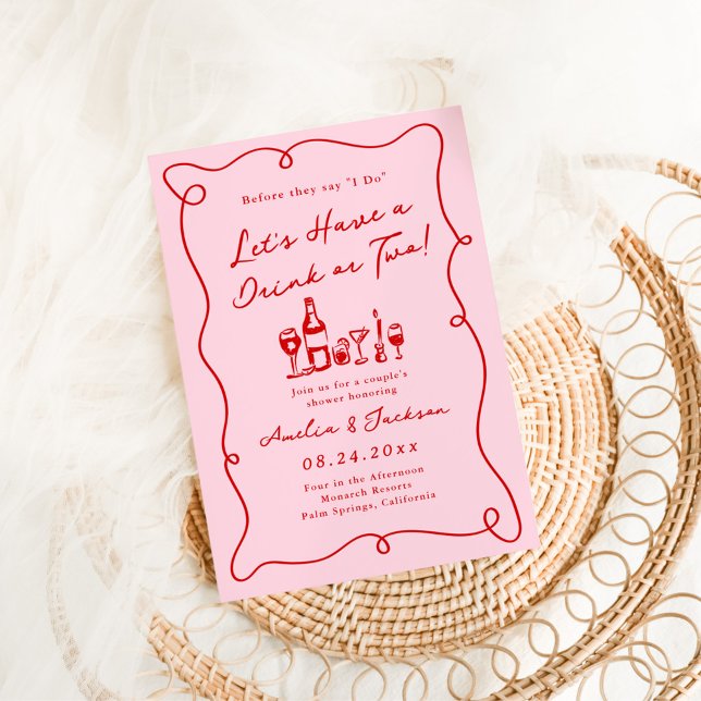 Invitation Douche Whimsical Main Tirée rose & Couple Rouge (Créateur téléchargé)