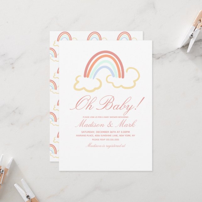 Invitation Doudou Nuage Arc-en-ciel Mignon pour Baby Shower  (Devant/Arrière en situation)