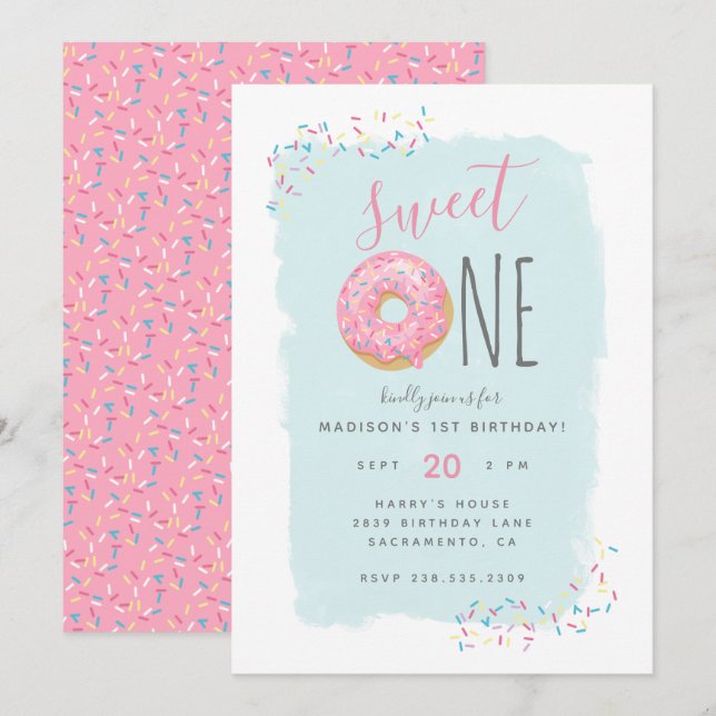Invitation Doughnut rose vif Parsemer sucré 1er anniversaire (Devant / Derrière)
