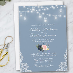 Invitation Douteux bleu rose floral Mariage lumières
