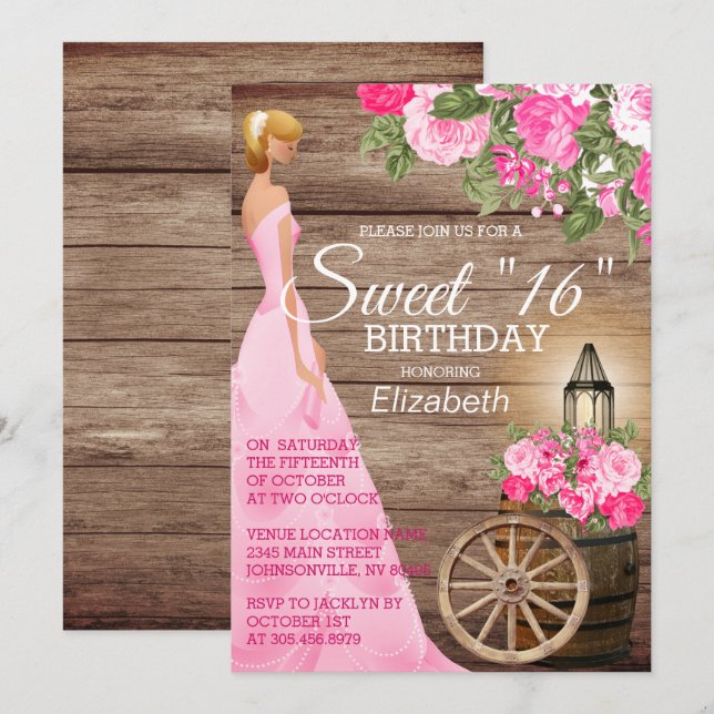 Invitation Doux 16 Anniversaire - Baril de bois et fleurs ros (Devant / Derrière)
