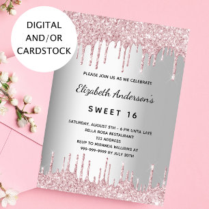 Invitation Doux 16 ans argent rose gouttes de parties scintil