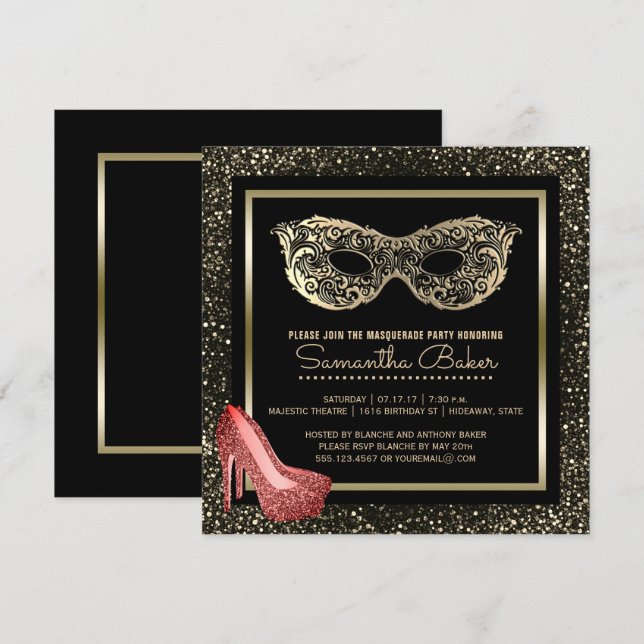 Invitation Doux 16 Balle Masquerade| Sweet sixteen d'or rose (Devant / Derrière)