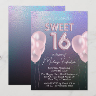 Invitation Doux 16 Ballons roses sur Holographique foncé