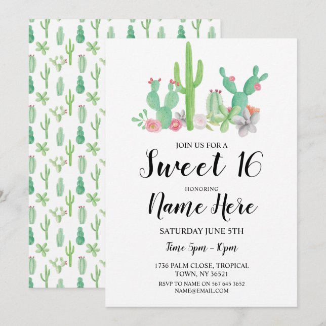 Invitation Doux 16 Cactus Cactus Aquarelles (Devant / Derrière)
