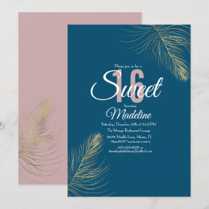 Invitation Doux 16 Elégant Blush Pink Bleu Or Plumes