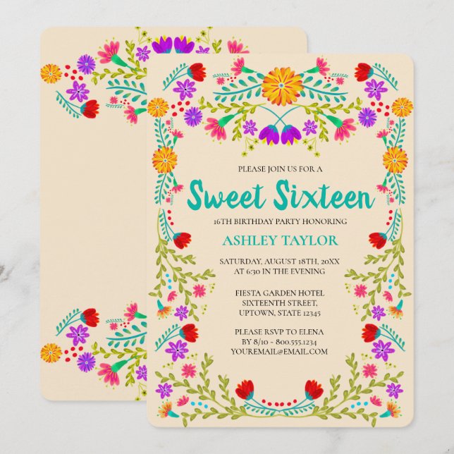 Invitation Doux 16 Fêtes mexicaines Champagne Floral Annivers (Devant / Derrière)