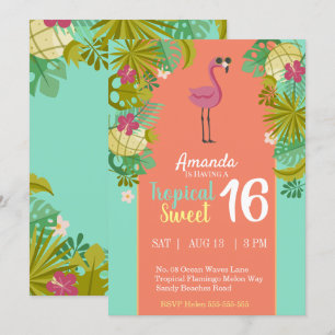 Invitation Doux 16 Flamant rose d'anniversaire Luau Palm Tree