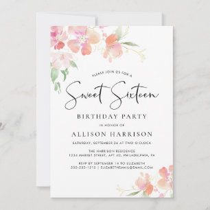 Invitation Doux 16 rose florale Aquarelle fête d'anniversaire