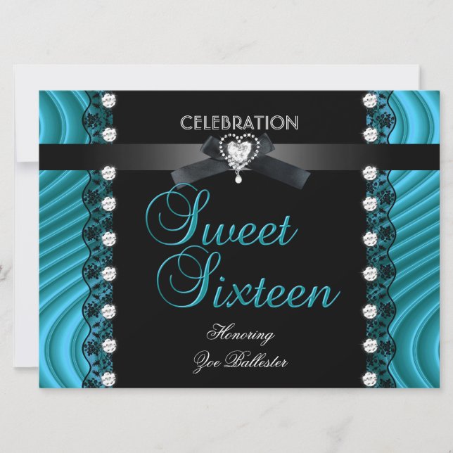Invitation Doux 16 Seize Noir Turquoise Bleu Blanc Dentelle (Devant)