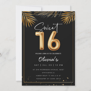 Invitation Doux 16 Seizième Avec Feuilles Tropicaux D'Or