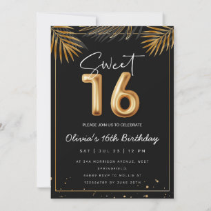 Invitation Doux 16 Seizième Avec Feuilles Tropicaux D'Or