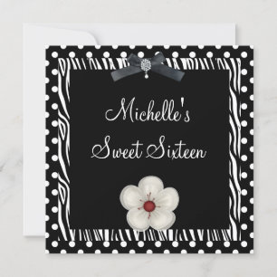 Invitation Doux 16e Anniversaire Fleur Tacheté Zèbre Noir et 