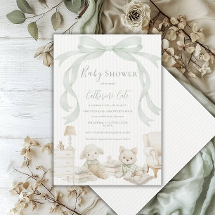 Invitation Doux Animaux Ruban Vert Sauge Bébé Vintage