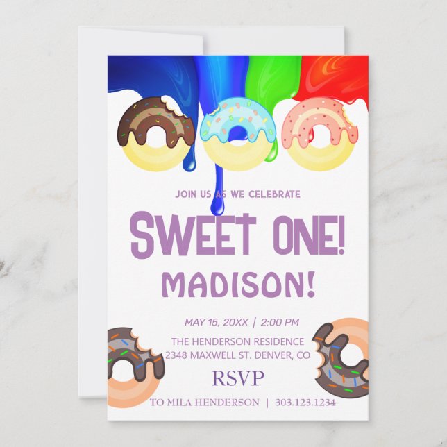 Invitation Doux beignets, couleurs arc-en-ciel, premier anniv (Devant)