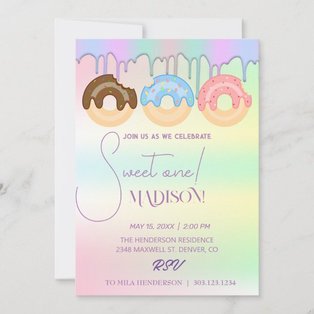 Invitation Doux beignets, couleurs arc-en-ciel, premier anniv (Devant)