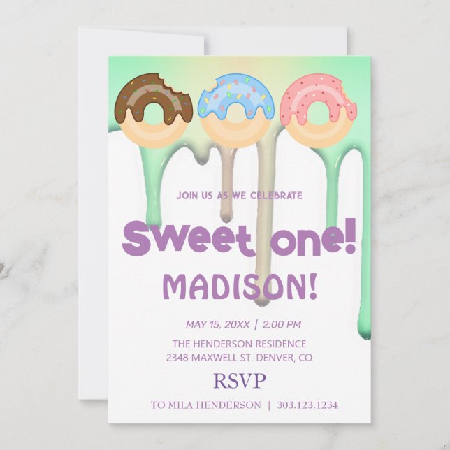 Invitation Doux beignets, couleurs arc-en-ciel, premier anniv (Devant)