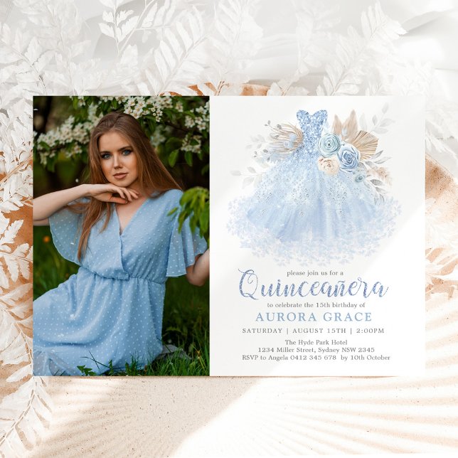 Invitation Doux bleu argent Quinceañera Princesse Robe Photo (Créateur téléchargé)