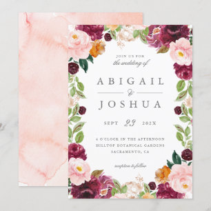 Invitation Doux Blush & Burgundy Aquarelle Mariage Floral