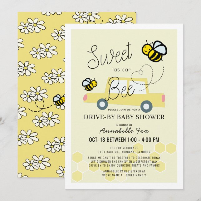 Invitation Doux comme peut Abee Baby shower jaune clair (Devant / Derrière)