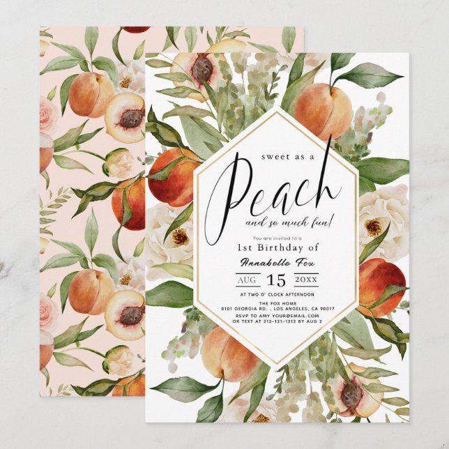 Invitation Doux comme une Pêche Florale Aquarelle 1er anniver (Devant / Derrière)