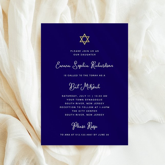 Invitation Doux et simple | Bleu blanc et Bat mitzvah or (Créateur téléchargé)