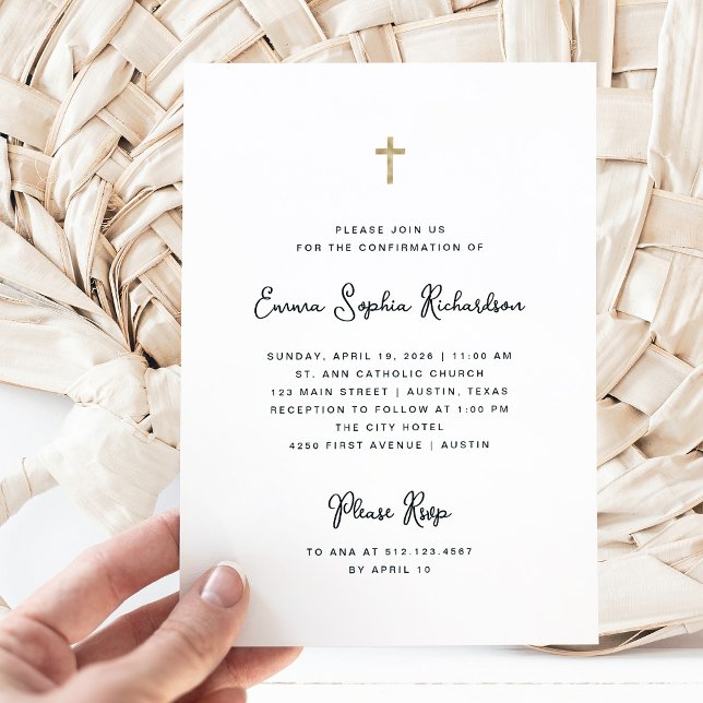 Invitation Doux et simple | Confirmation en noir et blanc (A simple, black and white Confirmation invitation with trendy whimsical script)